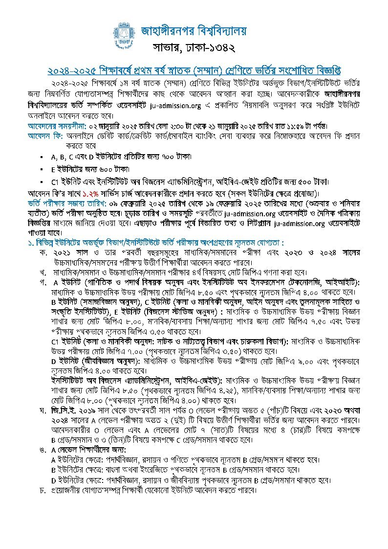 JU Admission Circular 2025-1